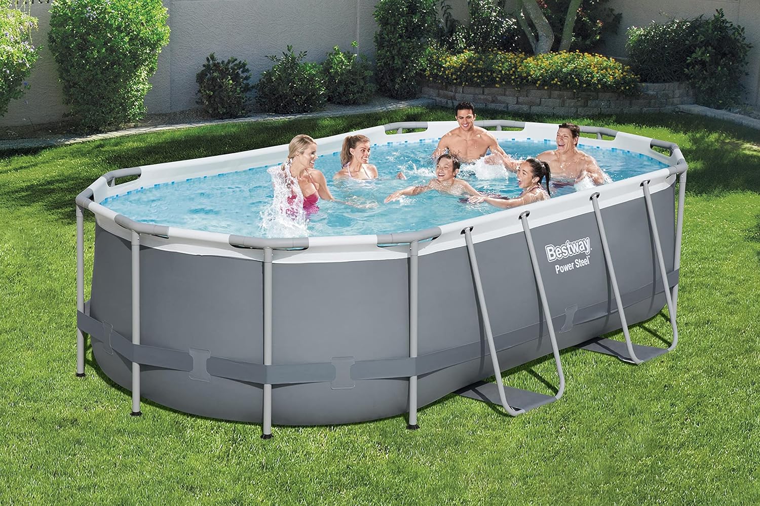 Bestway 56655E Power Steel 16ft x 10ft x 42in Outdoor Oval Frame Above Ground Swimming Pool Set with 1000 GPH Cartridge Filter Pump, Ladder, and Cover