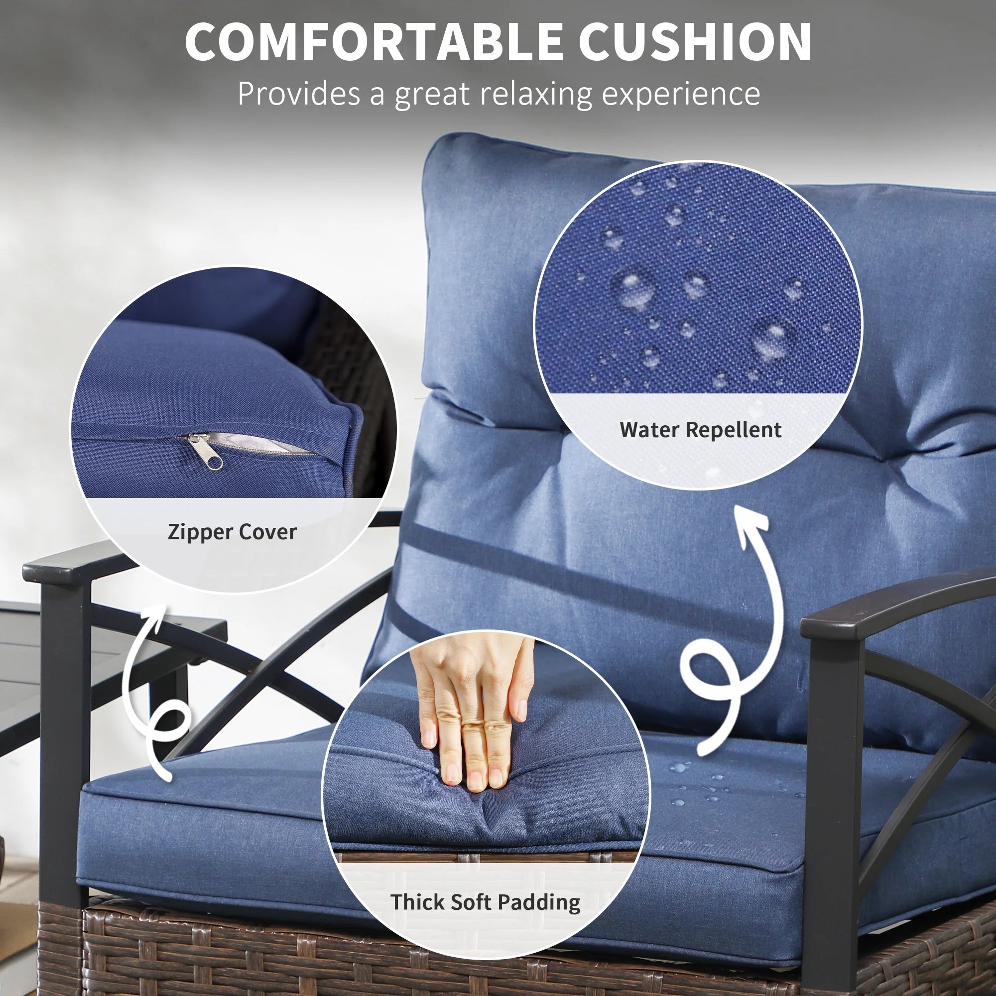 Outsunny 3pc Rocking Chair Set w/ Cushions, Wicker Bistro Set, Dark Blue