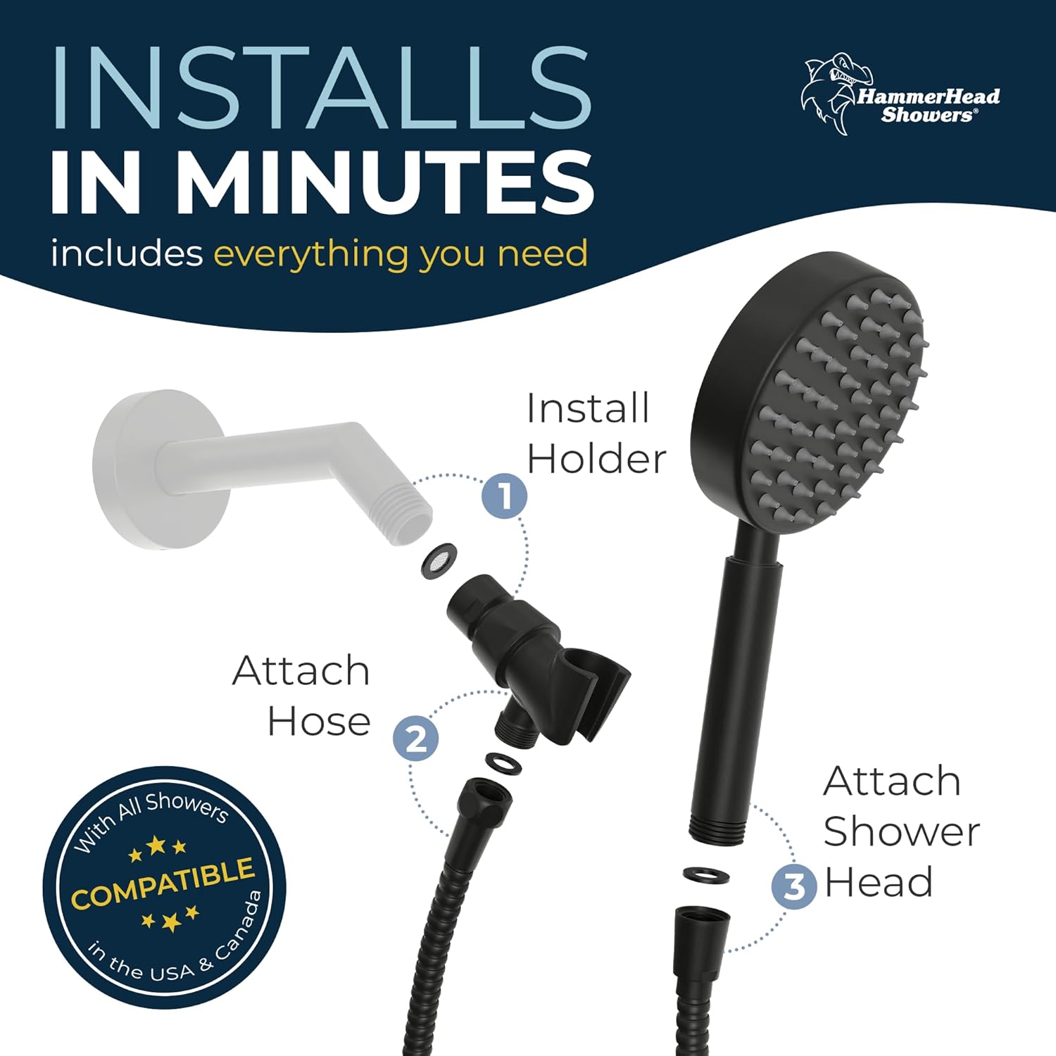 HammerHead Showers® Solid Metal LOW FLOW Handheld Shower Head with Hose and Brass Holder - OIL RUBBED BRONZE – Water Saving 1.75 GPM Detachable Shower Head - Adjustable Shower Wand Bracket & 6ft Hose