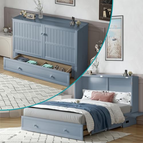 BALUS Murphy Bed Cabinet,Queen Murphy Bed with Tri-fold Mattress & USB Charging Station,Modern Wall Chest Beds with Folding Night Stand Trays and Storage Drawers for Bedroom Living Room,Grey-Blue