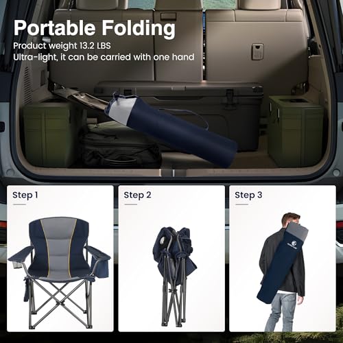 Camping Folding Chair, Heavy Duty Oversized Portable Outdoor Chair, Foldable Camp Chair with Cup Holder and Cooler Bag Support 450 LBS, Green…