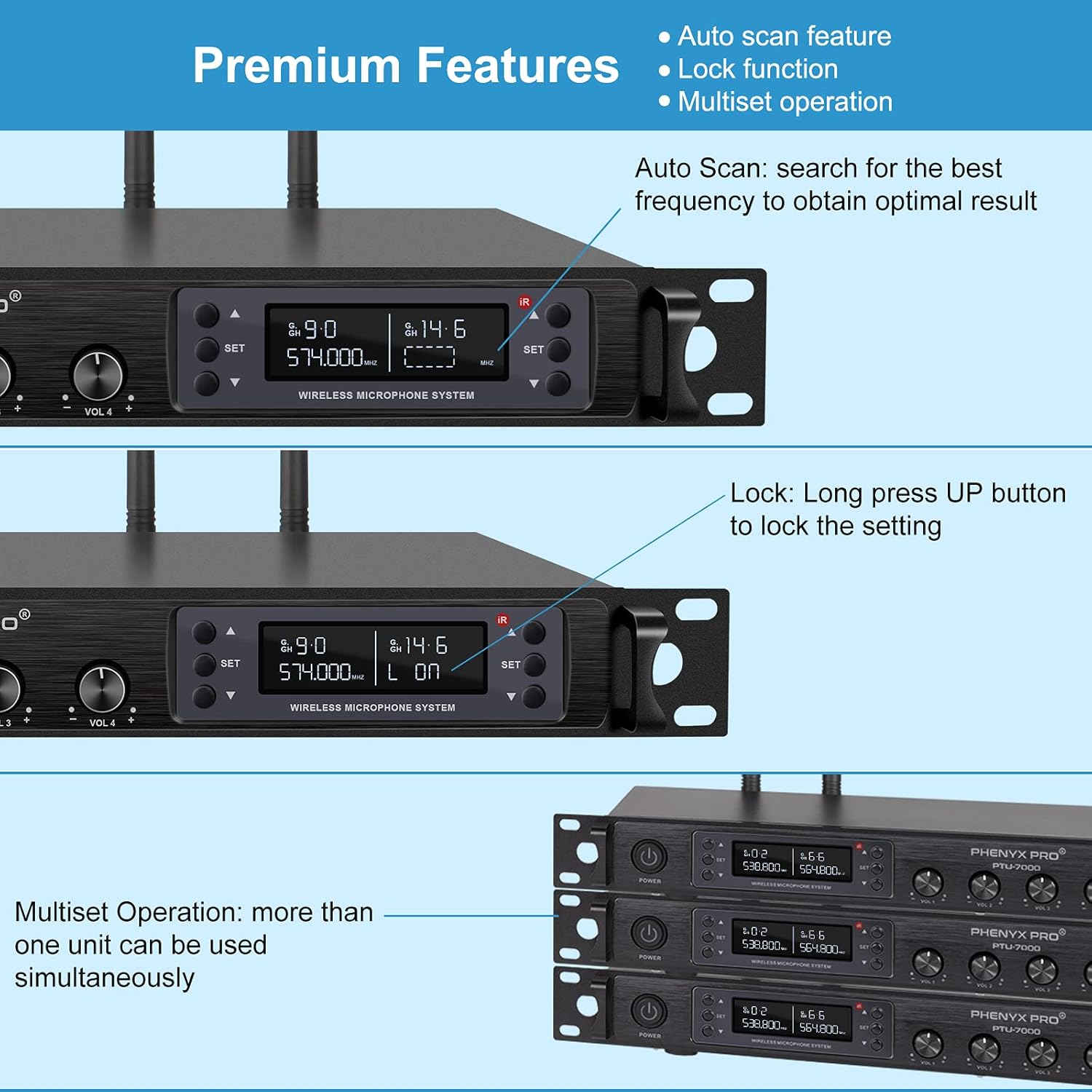 Wireless Microphone System, Phenyx Pro Quad Channel Cordless Mic Set with Metal Handheld Mics, 4x40 Channels, Auto Scan, Long Distance 328ft, Ideal for DJ, Church, Outdoor Events (PTU-7000A)