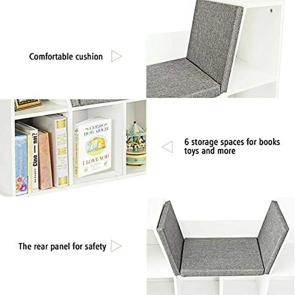 HJZBNONE 6-Cubby  Bookcase w/Cushioned Reading Nook  Multi Purpose  Organizer Cabinet  with Soft Cushion and Thick Wood Board for Children Girls & Boys Bedroom Decor Room (Modern Whit