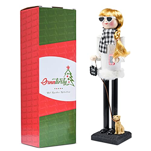 Ornativity Christmas Dog Mom Nutcracker – White and Black Wooden Nutcracker Woman with Dog on Leash and a Smartphone in Hand Xmas Themed Holiday Nut Cracker Doll Figure Decorations 15
