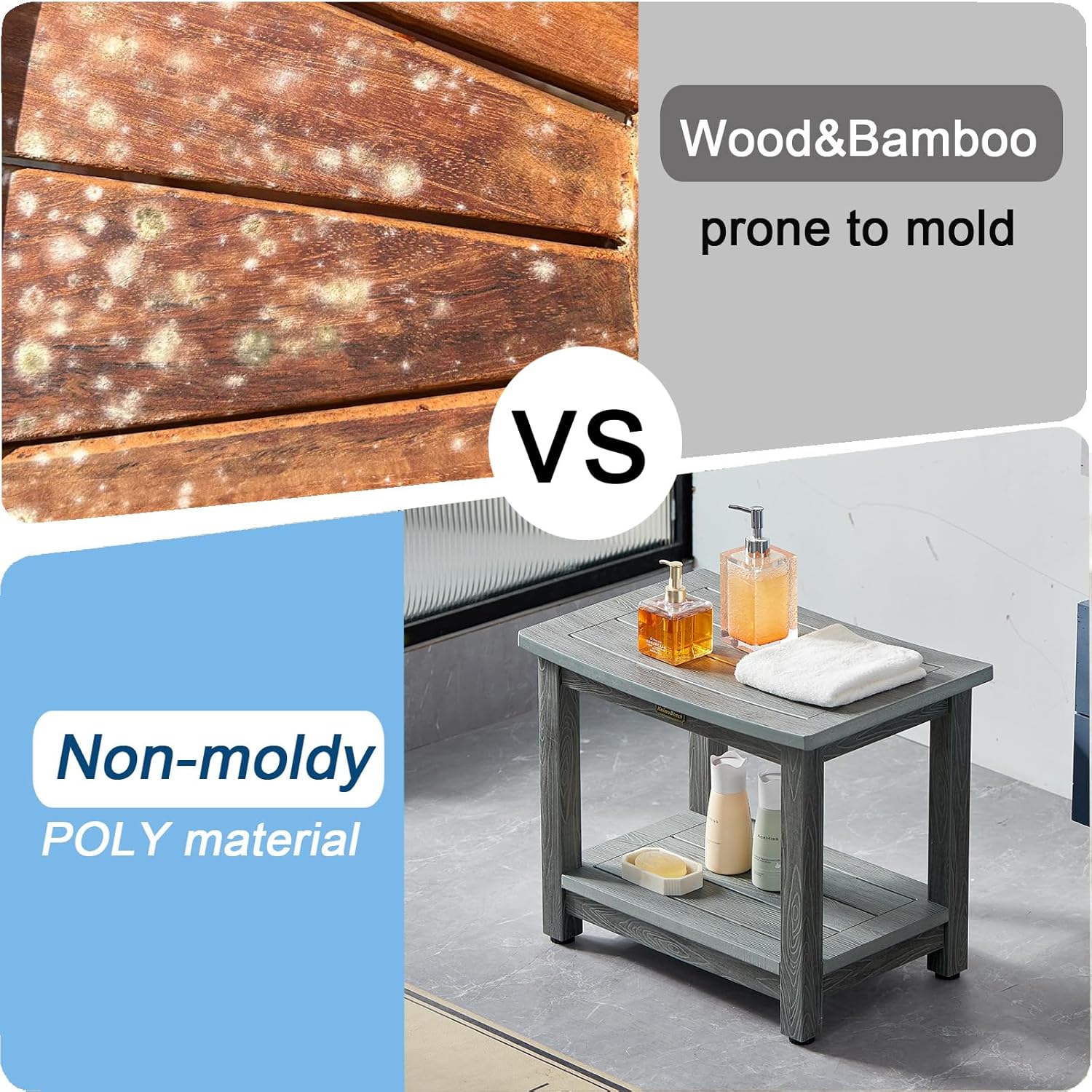 HDPS Shower Bench Seat, Poly Lumber Bathroom Stool for Inside Shower Waterproof, Foot Rest Stool for Shaving Legs with Adjustable Feet, Plastic Spa Bath Chair Seat for Bathroom, Non-Slip, Brown