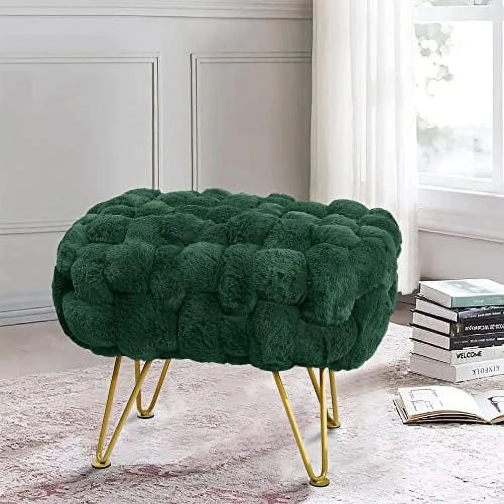 Pink Soft Faux  Ottoman Fuzzy Entryway Bench Seat 27x20x19 Sturdy Accent Coffee Table for Living Room Make up Vanity Fluffy Shoe Stool with Golden Legs for Bedroom Closet F