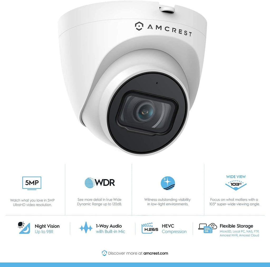 Amcrest 5MP Turret POE Camera, UltraHD Outdoor IP Camera POE with Mic/Audio, 5-Megapixel Security Surveillance Cameras, 98ft NightVision, 2.8mm Lens (103° FOV), IP67, MicroSD (256GB), (IP5M-T1179EW)