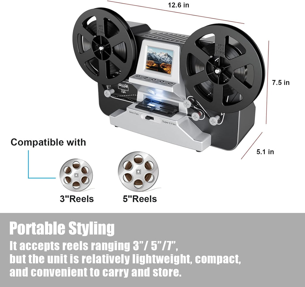 8mm  Super 8 Reels to Digital MovieMaker Film Scanner Converter, Pro Film Digitizer Machine with 2.4 LCD, Silver (Convert 3 inch and 5 inch Film reels into Digital) with 32 GB SD Card