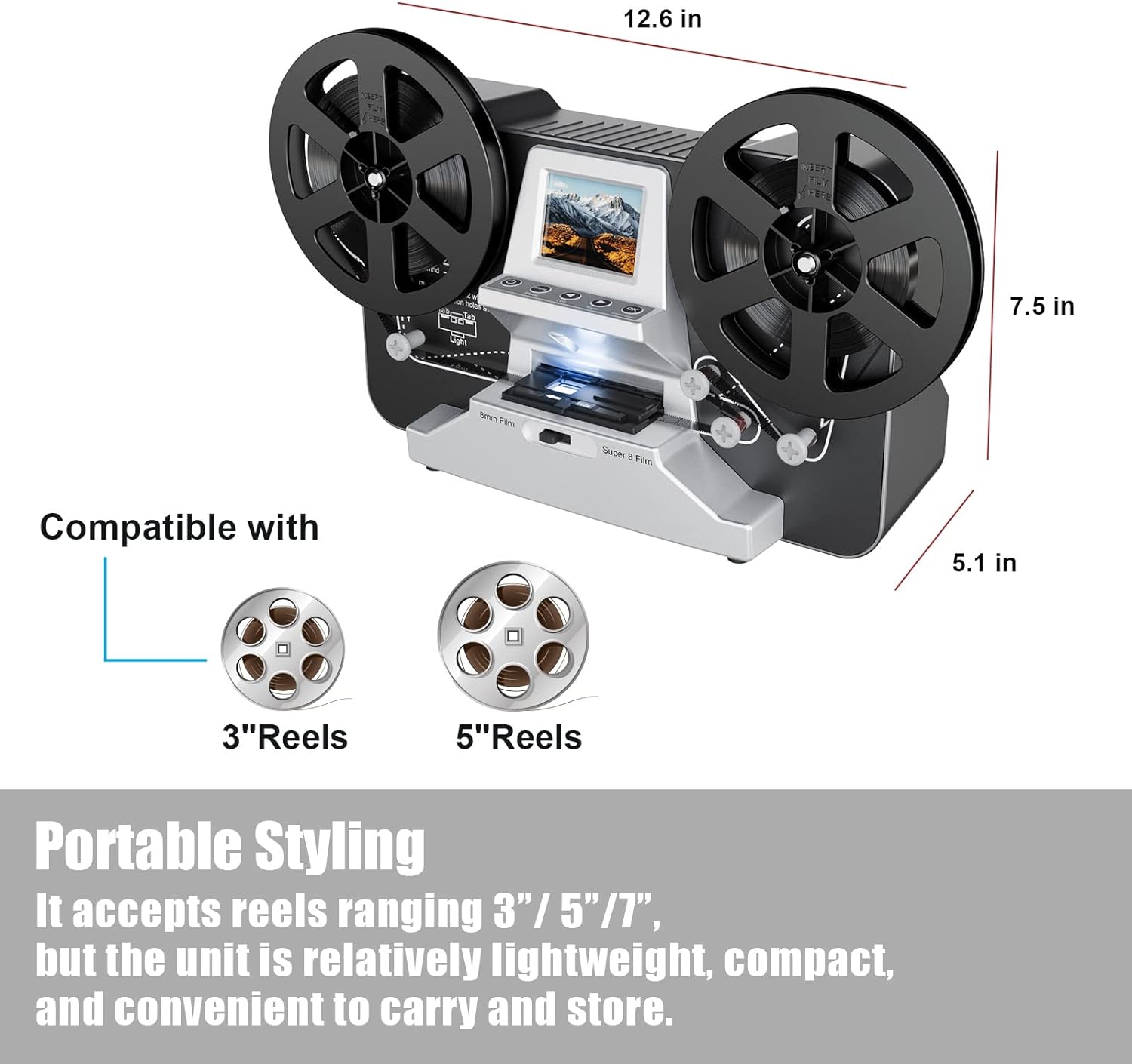 8mm  Super 8 Reels to Digital MovieMaker Film Scanner Converter, Pro Film Digitizer Machine with 2.4 LCD, Silver (Convert 3 inch and 5 inch Film reels into Digital) with 32 GB SD Card