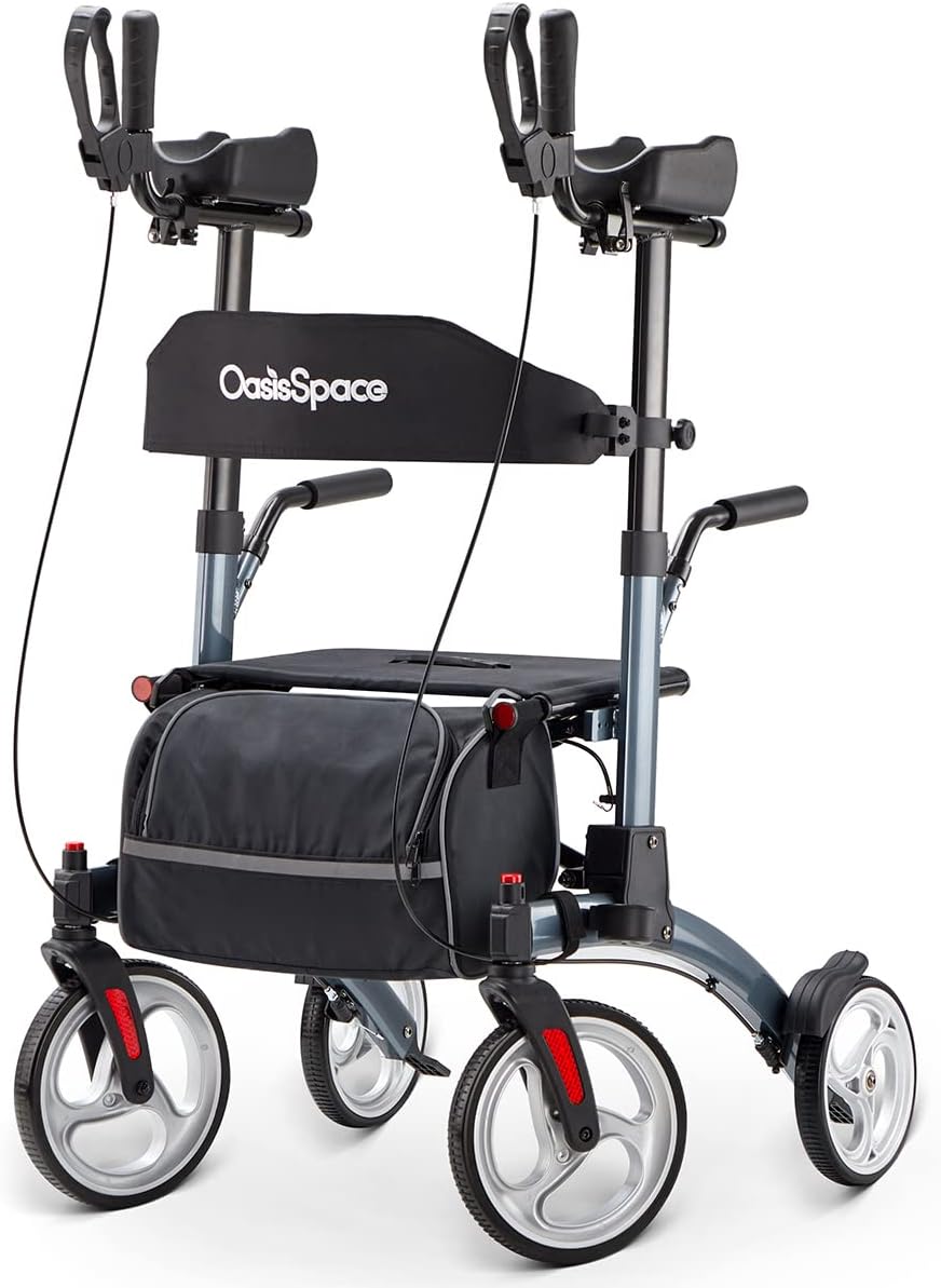 OasisSpace Upright Walker with Seat - Up Walker with Padded Armrest & Stand Up Handles, Ultra Folding Stand Up Rollator Walker for Seniors with 10” Front Wheels
