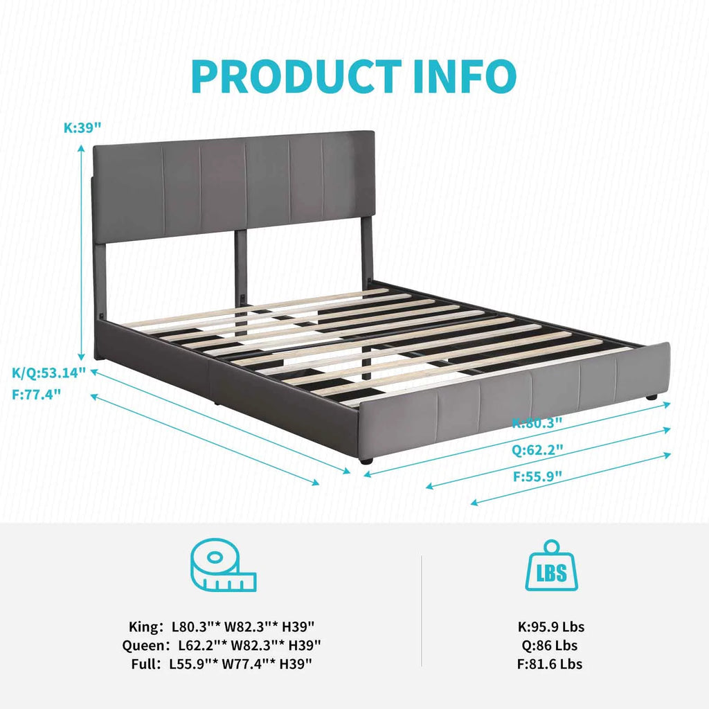 CECER King Size Bed Frame with 4 Storage Drawers, Platform Bed Frame Velvet Upholstered Adjustable Headboard, Solid Metal & Wood Frame Easy Assembly Dark Grey