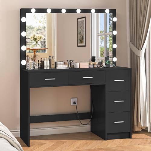 Makeup Vanity Desk with Mirror, 10 Lights, 5 Drawers, 3 Storage Shelves, 3 Color Modes & Adjustable Brightness Dressing Table, 35.4” Desk, Black