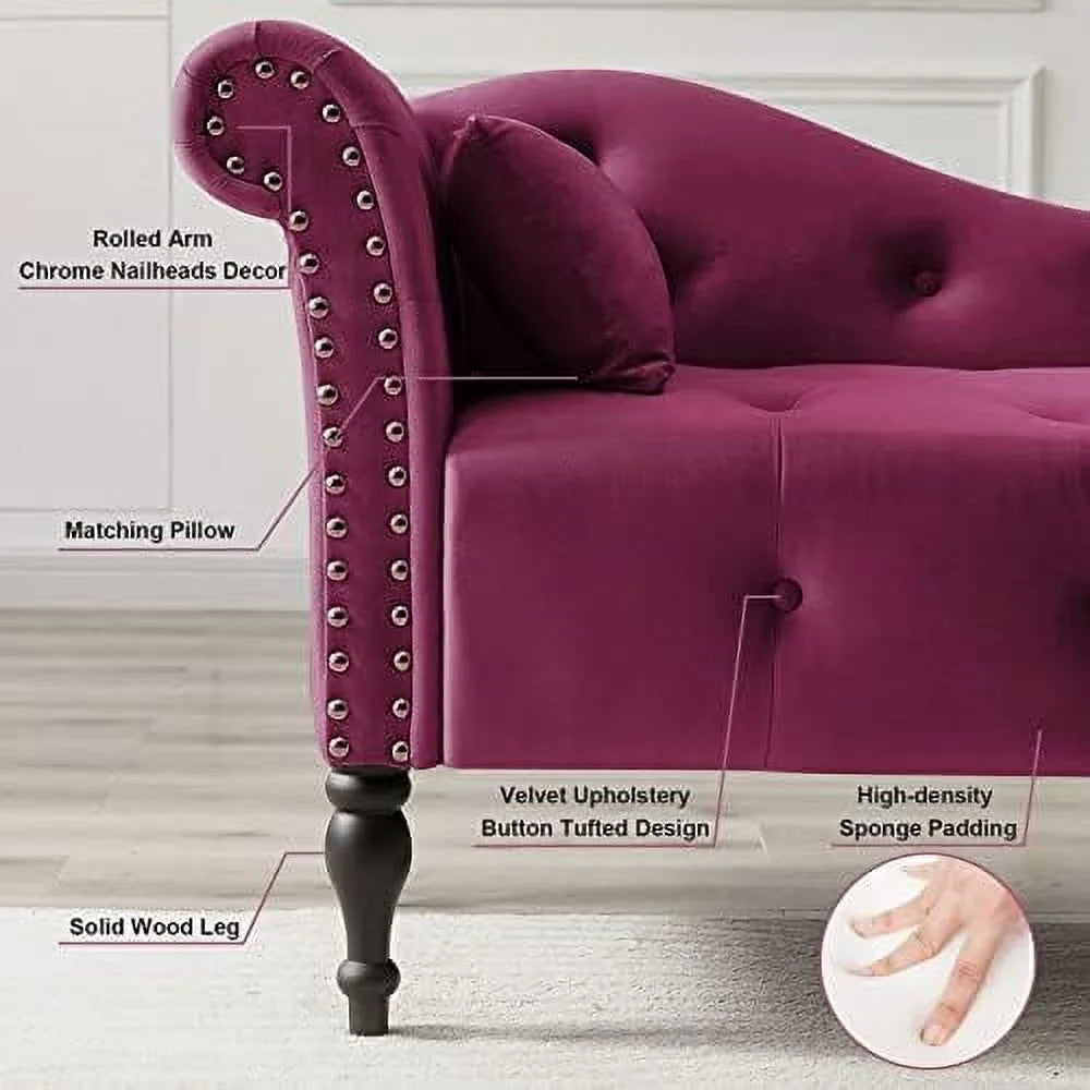 TJUNBOLIFE Velvet Chaise Lounge Indoor  60\u201D Tufted Upholstered Lounge Chair with Pillow & Rolled Arm Nailhead Trim for Bedroom Living Room Office  Grey