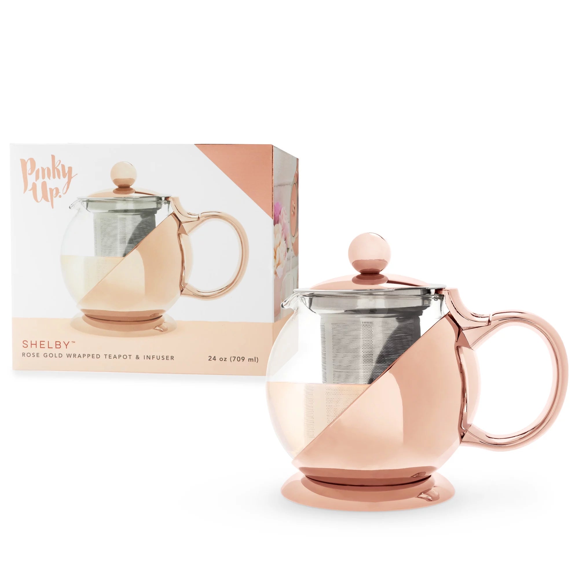 Pinky Up Rose Gold Wrapped Teapot - Tea Clear Glass Pot with Infuser Strainer and Tea Kettle for Loose Tea, 24 Oz