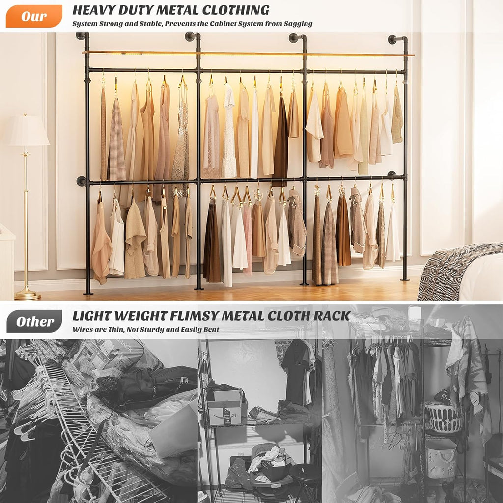 Aheaplus Industrial Pipe Clothing Rack, Reversible 79.7'' Clothes Rack for Hanging Clothes, Heavy Duty Garment Racks Closet Wardrobe with LED Lights& Shelves, Walk-in Closet System, Black
