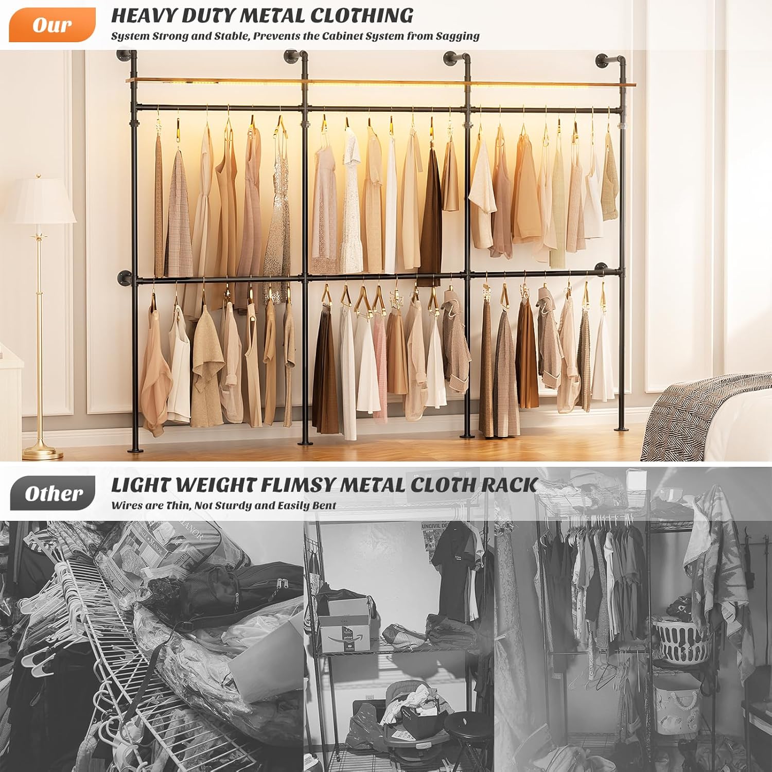 Aheaplus Industrial Pipe Clothing Rack, Reversible 79.7'' Clothes Rack for Hanging Clothes, Heavy Duty Garment Racks Closet Wardrobe with LED Lights& Shelves, Walk-in Closet System, Black