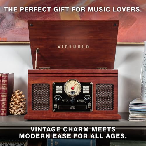 Victrola The Quincy 6-in-1 Bluetooth Record Player & Multimedia Center with Built-in Speakers – 3-Speed Turntable, CD & Cassette Player, AM/FM Radio, Wireless Music Streaming (Natural)