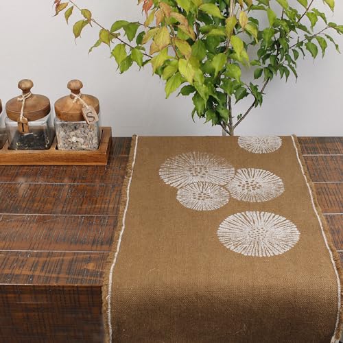Cheyenne Burlap Linen Table Runner – Hand Printed – 100% Linen –Fringed Edge- Prewashed, Pre-shrunk, and Machine Washable – Chocolate Brown (14X36, White Dandelion)