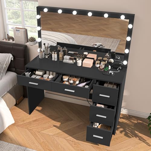 Makeup Vanity Desk with Mirror, 10 Lights, 5 Drawers, 3 Storage Shelves, 3 Color Modes & Adjustable Brightness Dressing Table, 35.4” Desk, Black