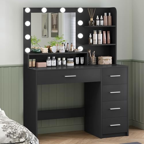 Makeup Vanity Desk with Mirror, 10 Lights, 5 Drawers, 3 Storage Shelves, 3 Color Modes & Adjustable Brightness Dressing Table, 35.4” Desk, Black