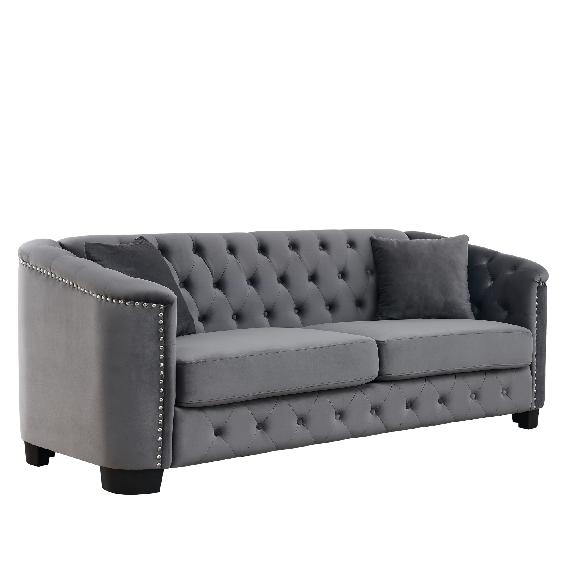 77-Inch Modern Chesterfield Velvet Sofa, 3-Seater Sofa, Upholstered Tufted Backrests with Nailhead Arms and 2 Cushions for Living Room, Bedroom, Apartment, Office (Grey)