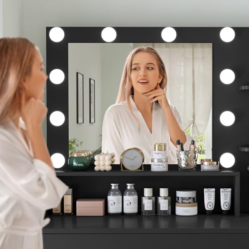 Makeup Vanity Desk with Mirror, 10 Lights, 5 Drawers, 3 Storage Shelves, 3 Color Modes & Adjustable Brightness Dressing Table, 35.4” Desk, Black