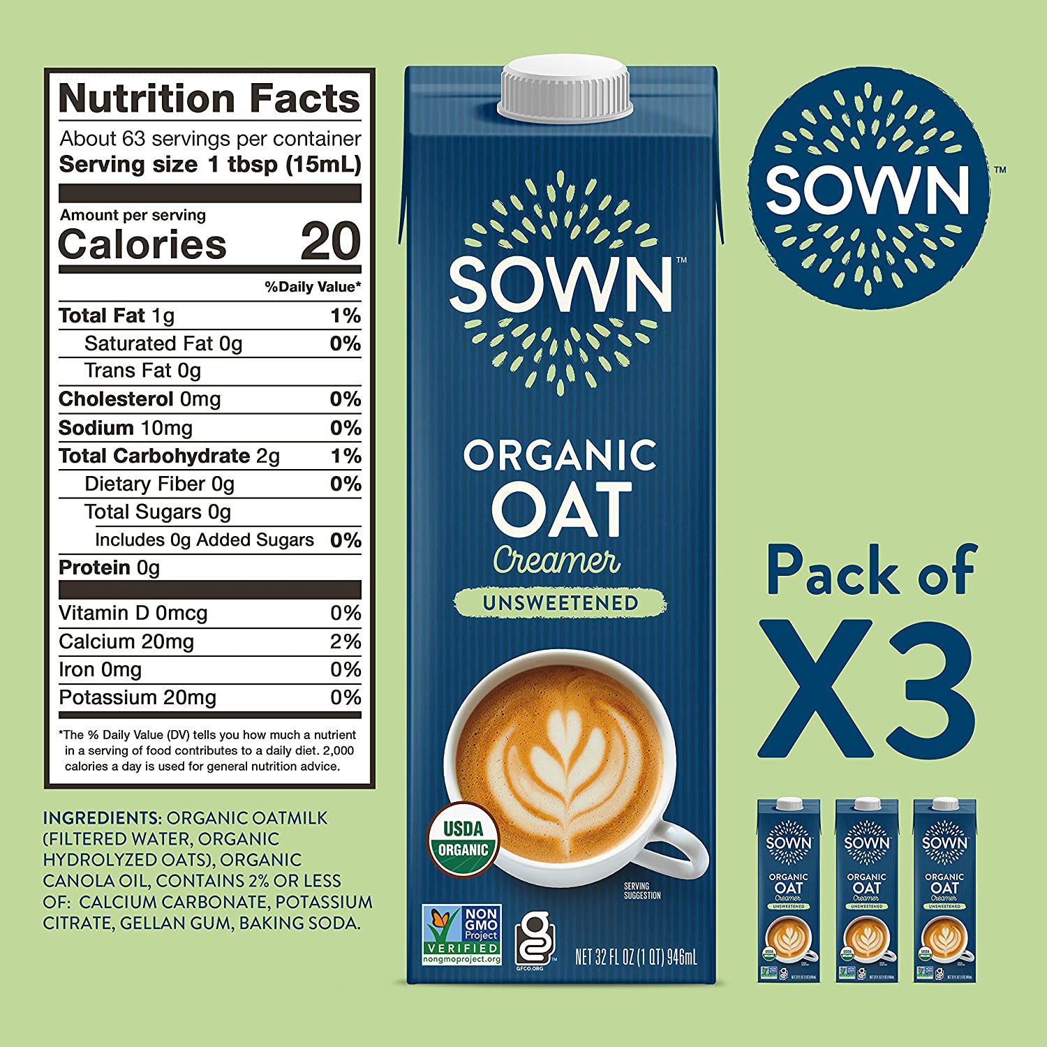 SOWN Organic Oat Creamer Unsweetened - Barista Oat Milk Non Dairy Coffee Creamer - Plant Based, Dairy-Free, Vegan, 0g Added Sugar, Gluten-Free, Non-GMO, Shelf Stable - 32oz (Pack of 6)