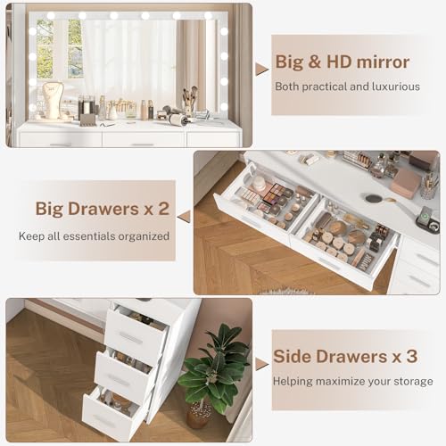 Makeup Vanity Desk with Mirror, 10 Lights, 5 Drawers, 3 Storage Shelves, 3 Color Modes & Adjustable Brightness Dressing Table, 35.4” Desk, Black