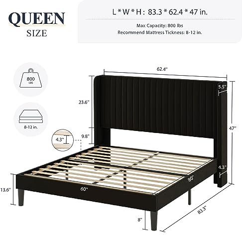 Allewie Queen Size Velvet Bed Frame/Vertical Channel Tufted Wingback Headboard/Upholstered Platform Bed/Strong Wooden Slats/No Box Spring Needed/Easy Assembly/Black