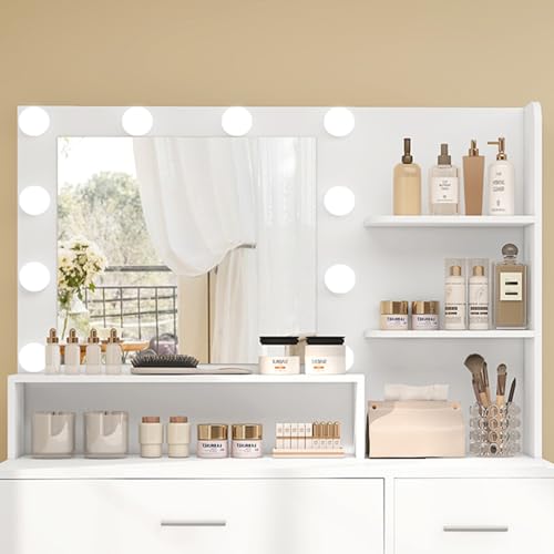 Makeup Vanity Desk with Mirror, 10 Lights, 5 Drawers, 3 Storage Shelves, 3 Color Modes & Adjustable Brightness Dressing Table, 35.4” Desk, Black