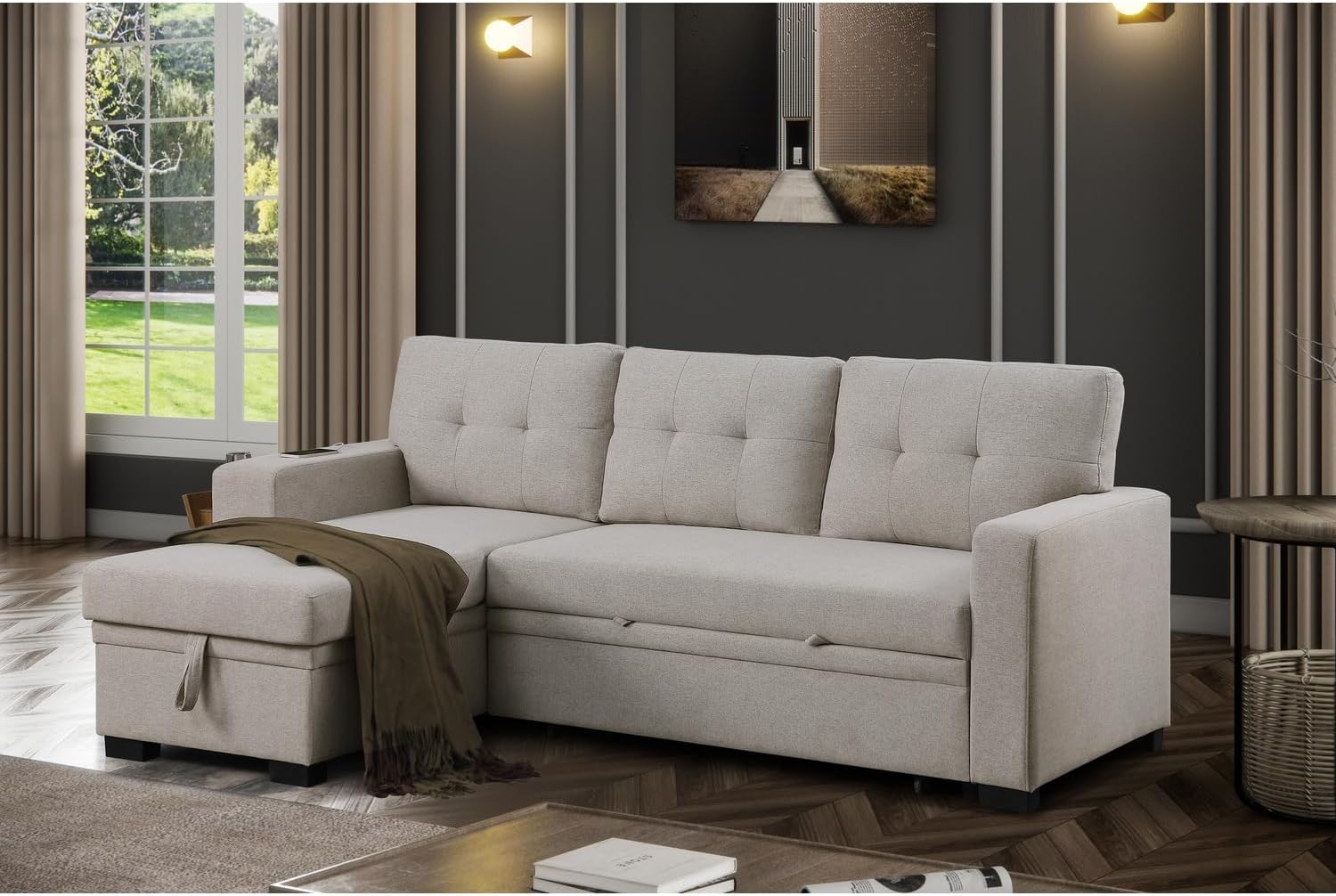Devion Furniture 92 W Modern L-Shaped Polyester Fabric Upholstered Reversible Side Compartment Sleeper Sectional Sofa Bed with Chaise in Light Gray Finish