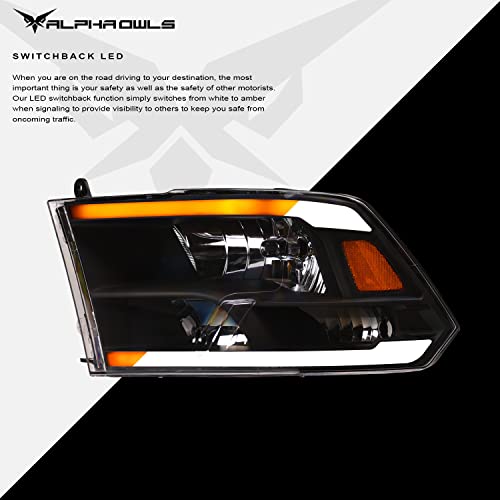 Alpha Owls 8710401 Crystal Headlights With Switchback Sequential LED Light Bar & Startup Light - Black Amber Fits 2009-2018 Dodge Ram 1500 2500 3500/2019-2023 Classic Halogen Models