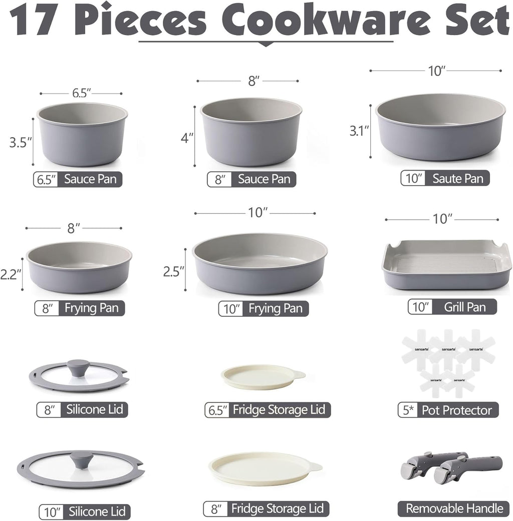 SENSARTE 17 Piece Ceramic Pots and Pans Set, Nonstick Detachable Handle Cookware, Induction Kitchen Cookware Set with Removable Handle, Dishwasher ＆ Oven Safe (Gray)