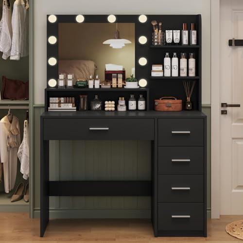 Makeup Vanity Desk with Mirror, 10 Lights, 5 Drawers, 3 Storage Shelves, 3 Color Modes & Adjustable Brightness Dressing Table, 35.4” Desk, Black