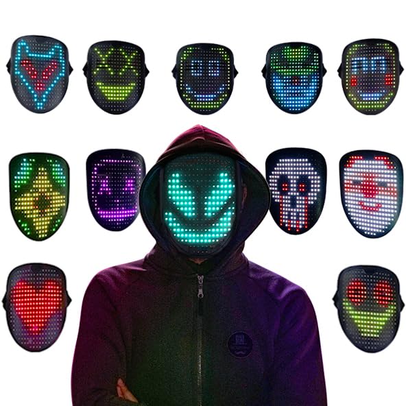 Mr.Pang Music LED Mask with Gesture Sensing, Face Transforming Light Up Mask Halloween Costume for Cosplay Masquerade, Fits Adult and Kids