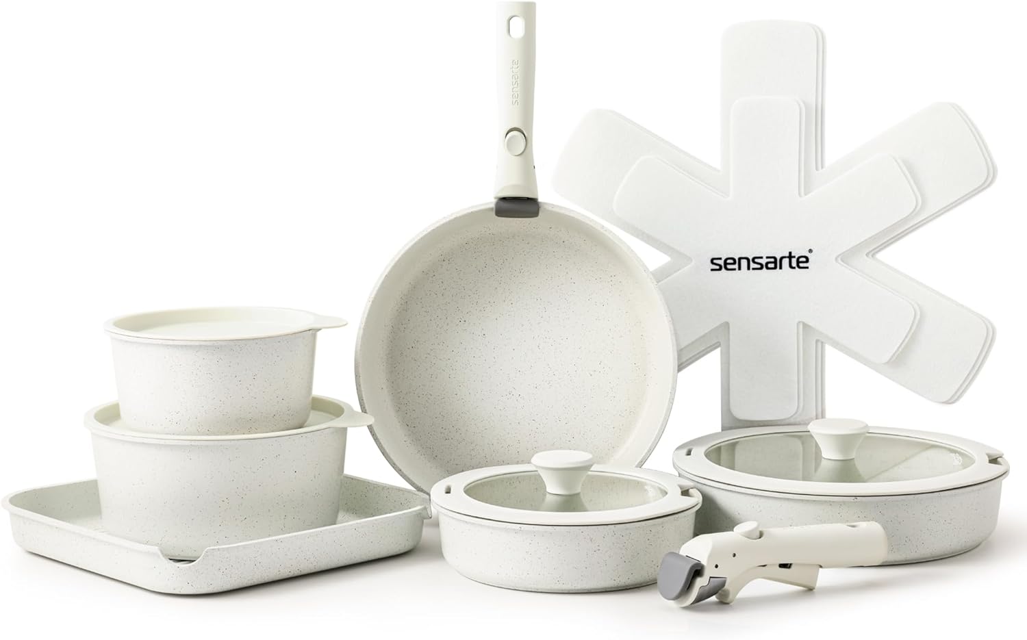 SENSARTE 17 Piece Ceramic Pots and Pans Set, Nonstick Detachable Handle Cookware, Induction Kitchen Cookware Set with Removable Handle, Dishwasher ＆ Oven Safe (Gray)