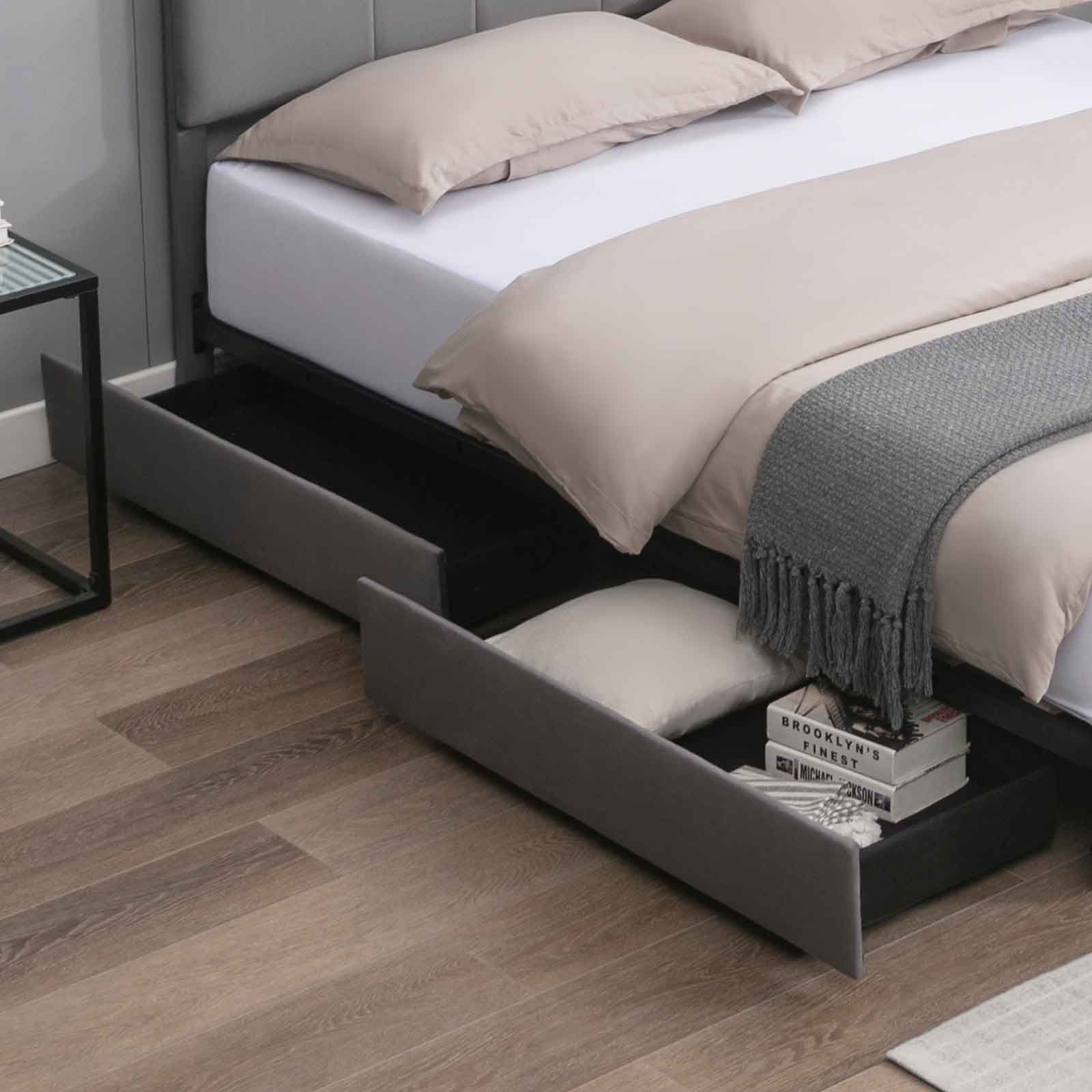CECER King Size Bed Frame with 4 Storage Drawers, Platform Bed Frame Velvet Upholstered Adjustable Headboard, Solid Metal & Wood Frame Easy Assembly Dark Grey