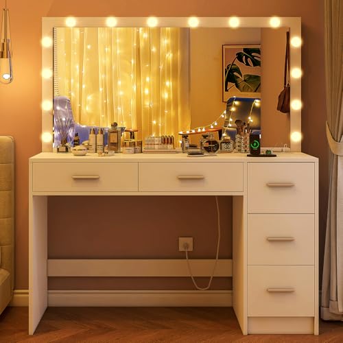 Makeup Vanity Desk with Mirror, 10 Lights, 5 Drawers, 3 Storage Shelves, 3 Color Modes & Adjustable Brightness Dressing Table, 35.4” Desk, Black