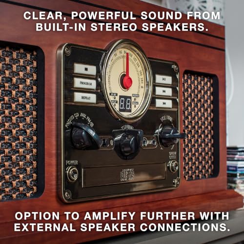 Victrola The Quincy 6-in-1 Bluetooth Record Player & Multimedia Center with Built-in Speakers – 3-Speed Turntable, CD & Cassette Player, AM/FM Radio, Wireless Music Streaming (Natural)