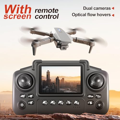 E88 Drone with Screen Controller with SD card, Foldable Mini Drone for Beginners, 2 Batteries, 360° Flips Waypoint Fly, Active Obstacle Avoidance, One Key Take Off/Landing. (2 batteries - Black)
