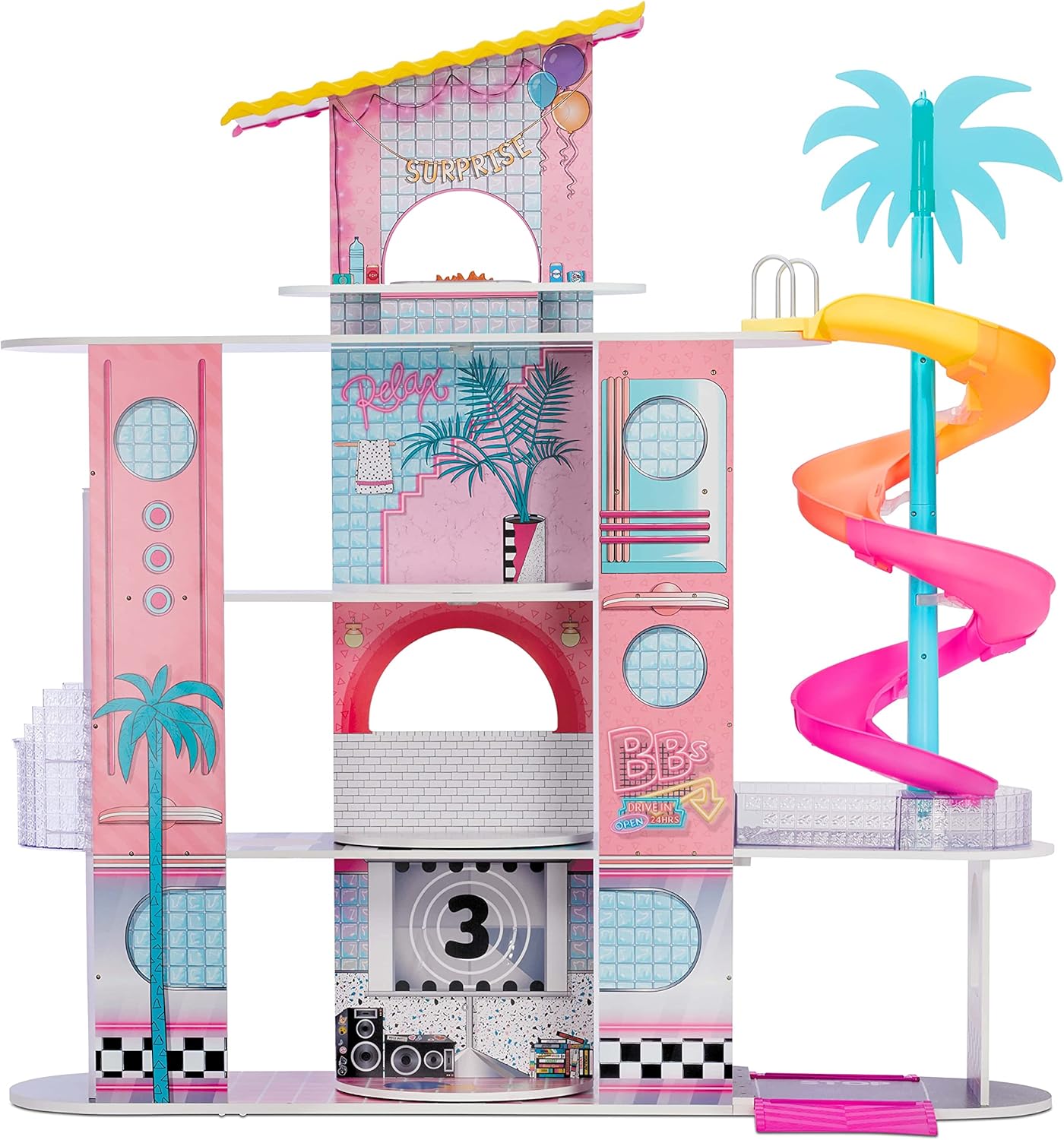 LOL Surprise OMG House of Surprises – New Real Wood Dollhouse with 85+ Surprises, 4 Floors, 10 Rooms, Elevator, Spiral Slide, Pool, Movie Theater Drive Thru, Rooftop- Toy Gift for Girls Ages 4 5 6 7+