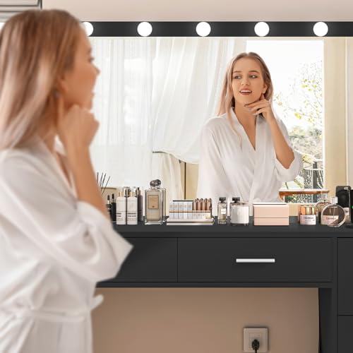 Makeup Vanity Desk with Mirror, 10 Lights, 5 Drawers, 3 Storage Shelves, 3 Color Modes & Adjustable Brightness Dressing Table, 35.4” Desk, Black