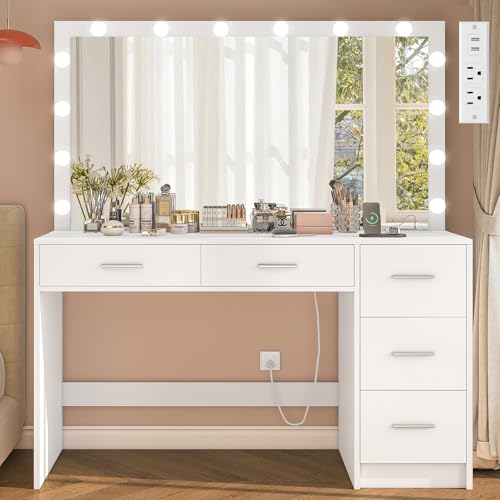 Makeup Vanity Desk with Mirror, 10 Lights, 5 Drawers, 3 Storage Shelves, 3 Color Modes & Adjustable Brightness Dressing Table, 35.4” Desk, Black