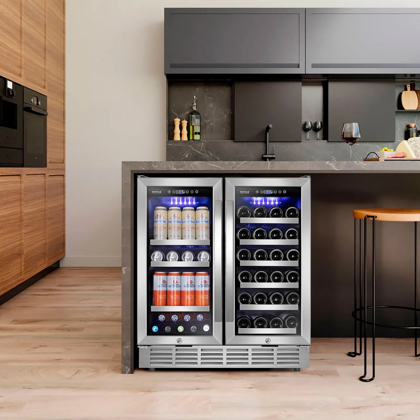 Tittla 30 Inch Wine Fridge, Dual Zone Wine and Beverage Refrigerator with 33 Bottle and 80 Can Wine Cooler Under Counter Freestanding