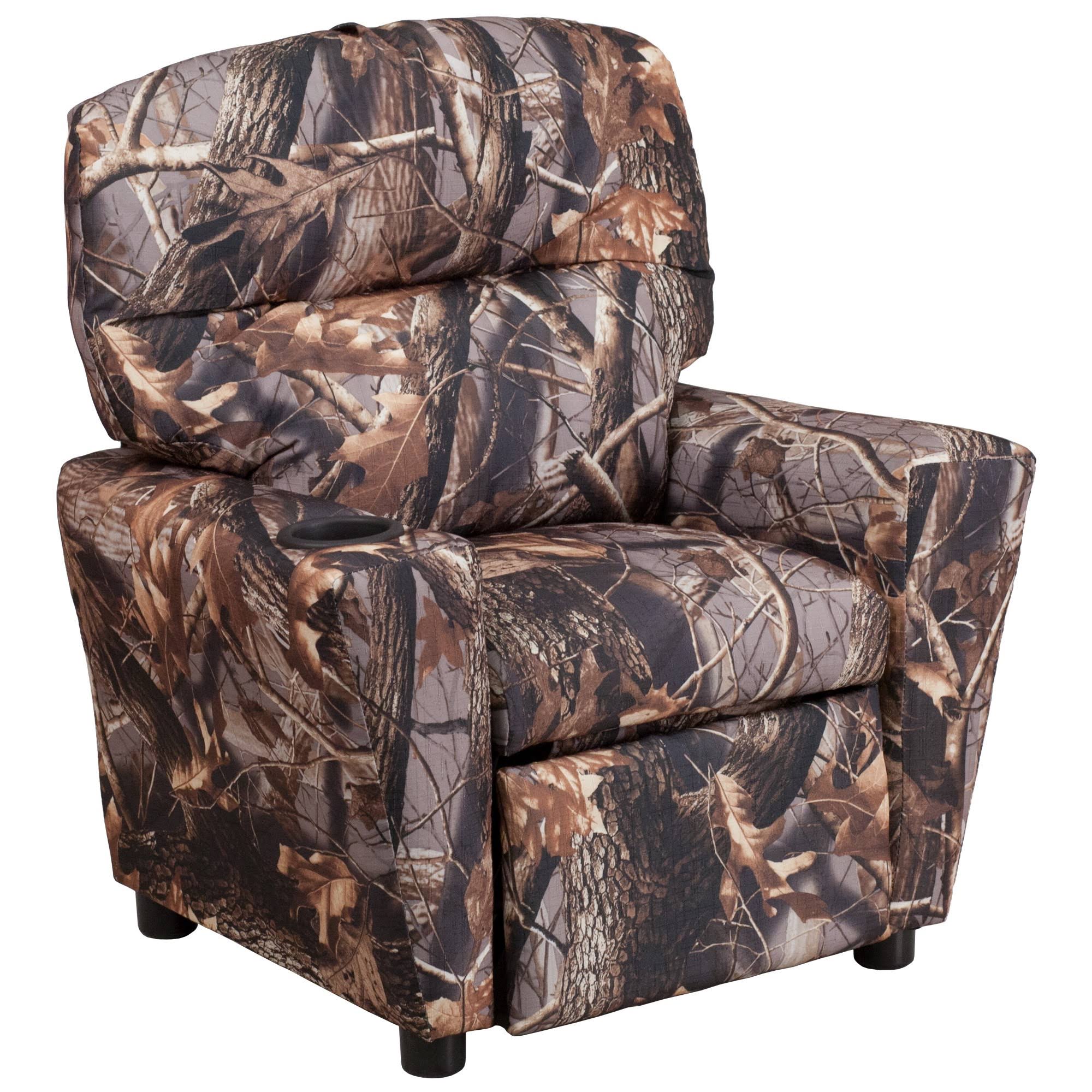 Emma and Oliver Camouflaged Fabric Kids Recliner with Cup Holder