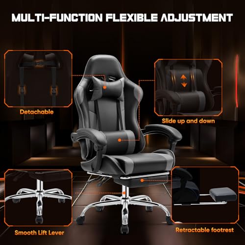 DUMOS Ergonomic Gaming Desk Chair - PU Leather Recliner with Footrest, Lumbar Support, Headrest, Fixed Armrests, Height Adjustable, 360° Swivel, Grey, for Adults