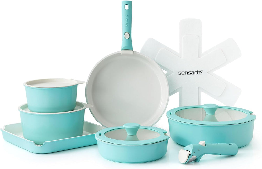 SENSARTE 17 Piece Ceramic Pots and Pans Set, Nonstick Detachable Handle Cookware, Induction Kitchen Cookware Set with Removable Handle, Dishwasher ＆ Oven Safe (Gray)