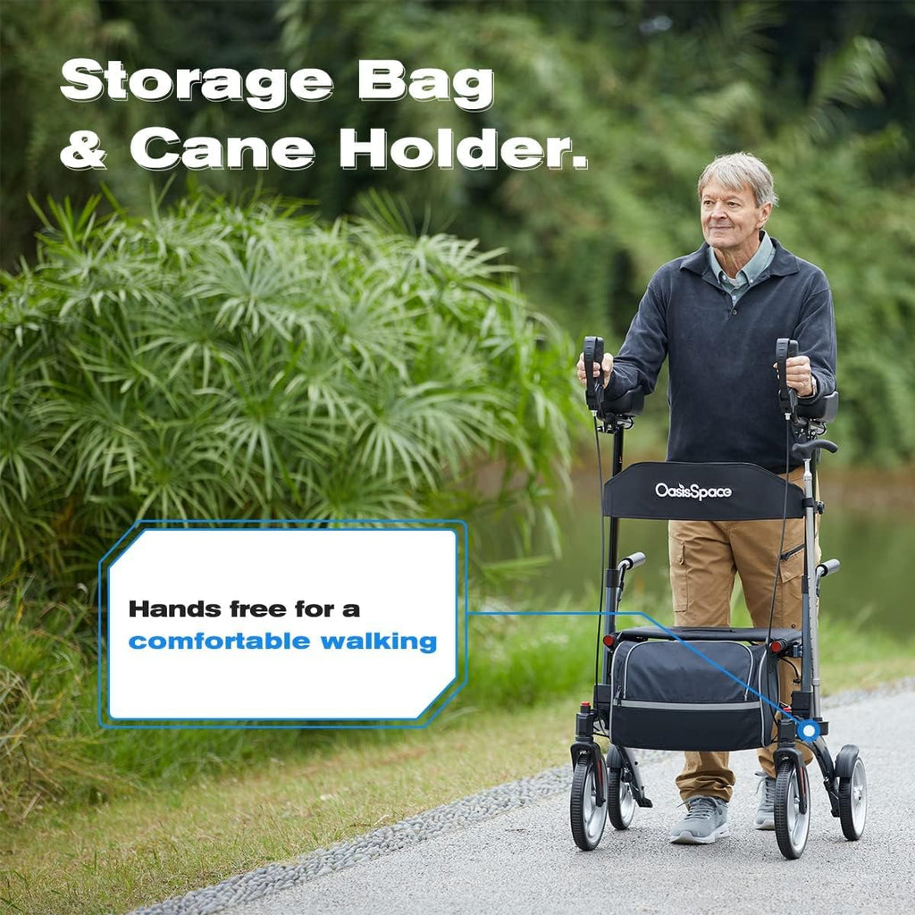 OasisSpace Upright Walker with Seat - Up Walker with Padded Armrest & Stand Up Handles, Ultra Folding Stand Up Rollator Walker for Seniors with 10” Front Wheels