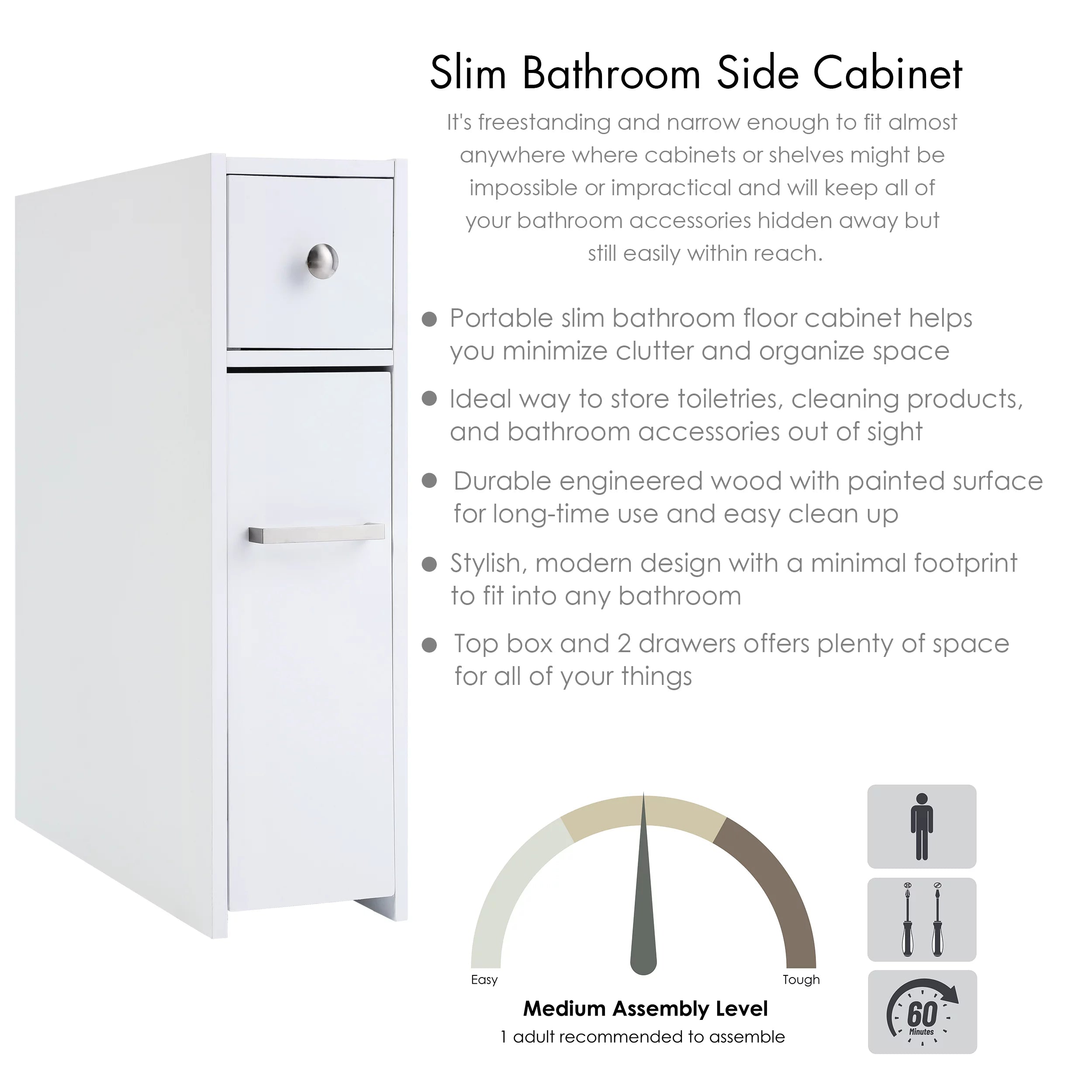 Spirich Home Slim Bathroom Storage Cabinet, Free Standing Toilet Paper Holder, Bathroom Cabinet Slide Out Drawer Storage,White