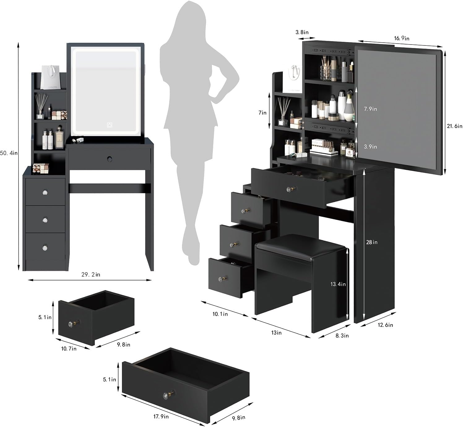 CIATRE Small Space Left Bedside Cabinet Vanity Table + Cushioned Stool, Extra Large Right sliding mirror, Multi Layer High Capacity Storage, Practical Fashionable Dresser, Black